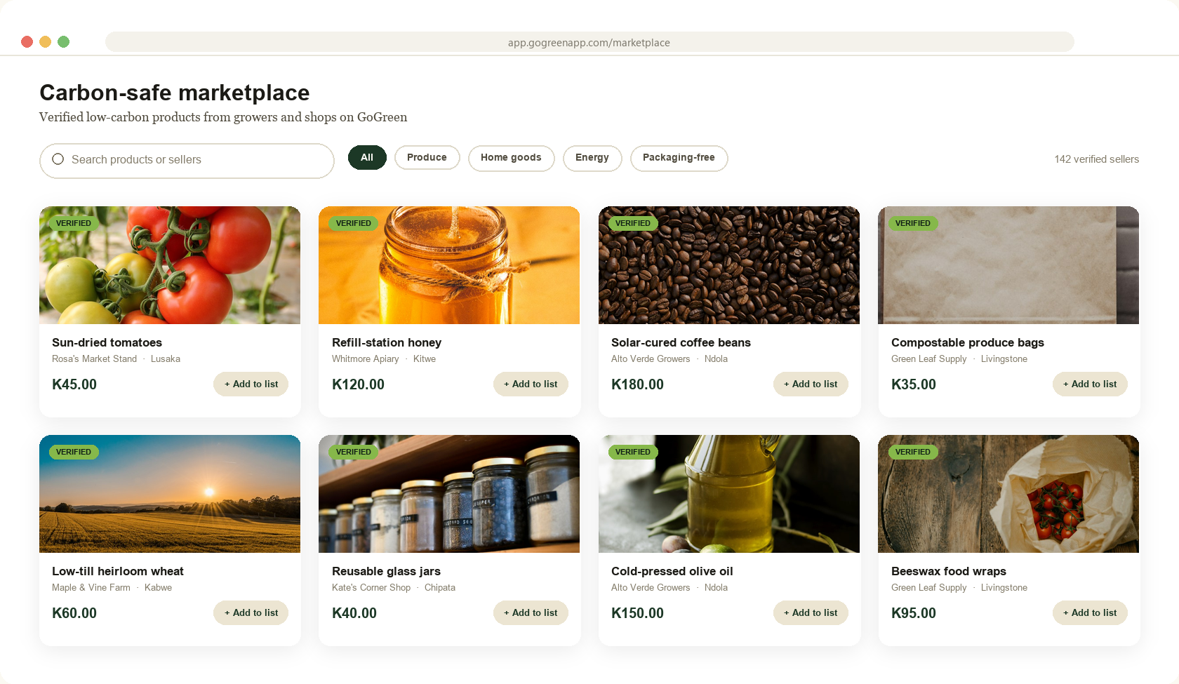 Concept preview of the GoGreen marketplace, showing verified carbon-safe products from local sellers